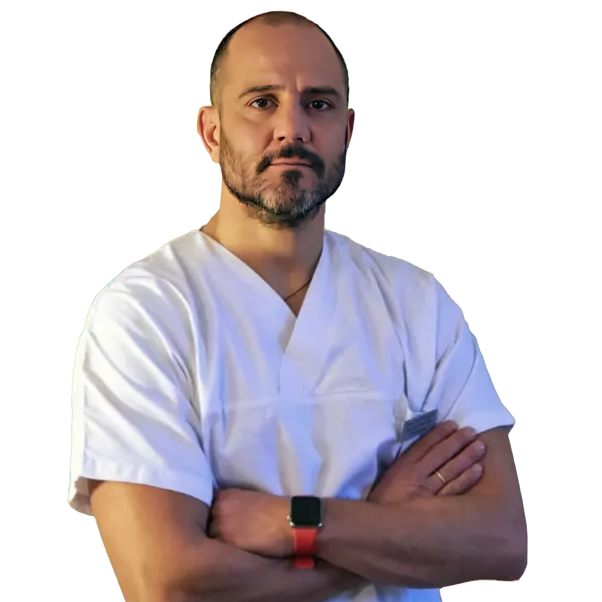 Il Dott. Panteleimon Karamanis, osteopata a Milano, ritratto in divisa clinica